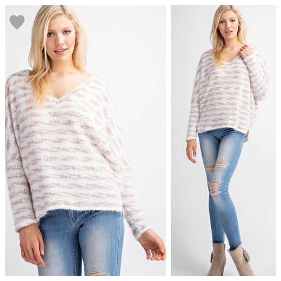 Angora Stripe Slouchy Sweater w/Slits - Picture 2 of 5